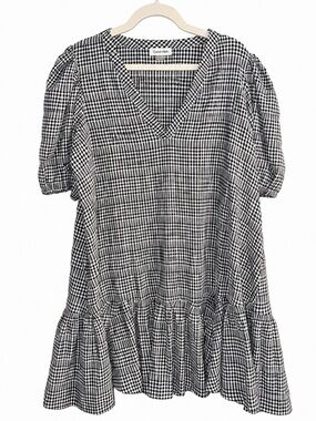 Calvin Klein Gingham Puff Sleeve Ruffle Hem Dress Black White Size 14